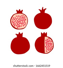 Pomegranate fruit set. Vector drawing isolated on white. Simple cute flat design. Symbol for Jewish traditional holidays. Great for card, poster, banner background. Botanical illustration.