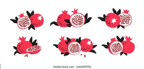 Pomegranate fruit set. Vector drawing isolated on white. Simple cute flat design. Symbol for Jewish traditional holidays. Great for card, poster, banner background. Botanical illustration.