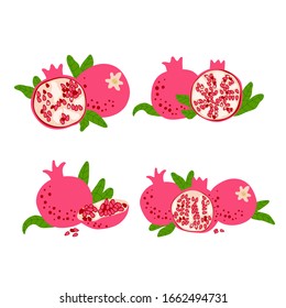 Pomegranate fruit set. Vector drawing isolated on white. Simple cute flat design. Symbol for Jewish traditional holidays. Great for card, poster, banner background. Botanical illustration.