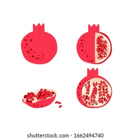 Pomegranate fruit set. Vector drawing isolated on white. Simple cute flat design. Symbol for Jewish traditional holidays. Great for card, poster, banner background. Botanical illustration.