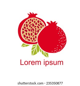 Pomegranate fruit slice, whole, leafs set icon isolated on a white background, art logo design