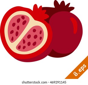 Pomegranate fruit slice, whole, leafs set icon isolated on a white background. Fruit, vector illustration, flat design