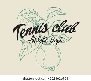 Pomegranate fruit. Sport logo. Tennis club vector t-shirt design. Tennis league graphic print design. College font racket tournament. Tennis college league. Vintage artwork for sportswear.