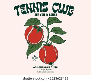 Pomegranate fruit. Sport logo. Tennis club vector t-shirt design. Tennis league graphic print design. College font racket tournament. Organic food artwork for for tee. Vintage artwork for sportswear.