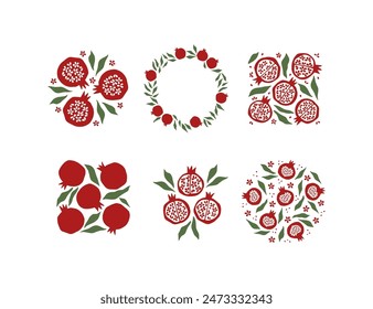 Pomegranate fruit vector illustration set. Shana Tova hand drawn holiday card. Jewish New Year Rosh Hashanah banner. Template for postcard, invitation, print, sticker isolated on white.