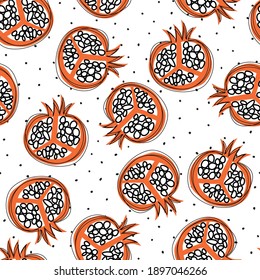 Pomegranate fruit vector pattern seamless. Repeating background doodle pomegranates black white orange. Use for fabric, kids wear, kitchen decor, packaging.