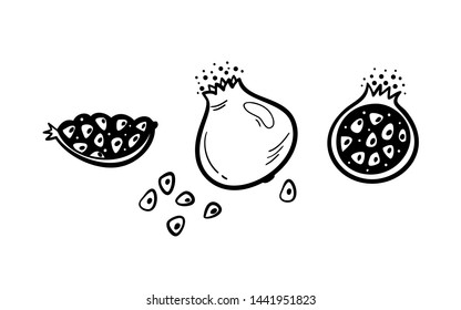 Pomegranate Fruit Vector Set. Hand Drawn Doodle Pomegranates. Black and White Fruits. Healthy Summer Food Collection