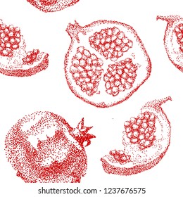 Pomegranate fruit vintage design template. Botanical fruit. Engraved pomegranate. Hand drawn pomegranate composition. Vector engraved illustration. Juicy natural fruit. Food healthy ingredient. 