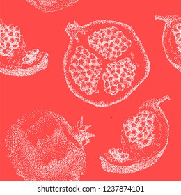 Pomegranate fruit vintage design template. Botanical fruit. Engraved pomegranate. Hand drawn pomegranate composition. Vector engraved illustration. Juicy natural fruit. Food healthy ingredient. 