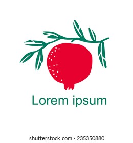 Pomegranate fruit whole, branch with leaves icon isolated on a white background, art logo design