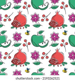 Pomegranate fruits, apples, berries and flowers. Seamless pattern. Hand drawn doodle fruits repeating background. Vector