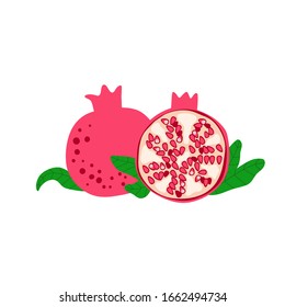 Pomegranate fruits drawing with green leaves isolated on white. Great as logo or label for juice, soap and organic product. Flat cartoon vector illustration.