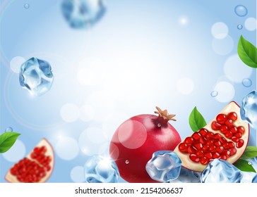 Pomegranate fruits and falling ice cubes refreshing background. Garnet fresh cold, advertising vector.