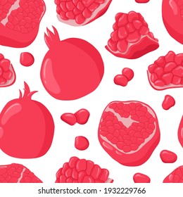 Pomegranate fruits and grains vector hand drawn seamless pattern. Fresh pomegranate, whole and sliced for cosmetics, wedding, spa, juice or invitation card design. Ripe tropical exotic fruits.