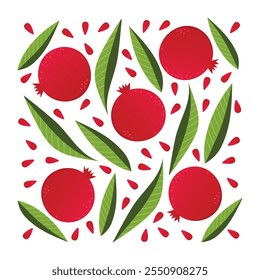 Pomegranate fruits and leaves. New Year banner, postcard - Rosh Hashanah. Shana Tova - vector printable template isolated on white.	