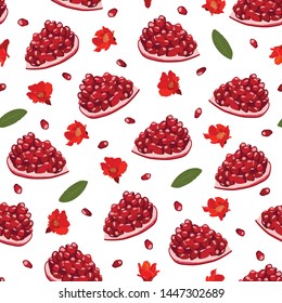 Pomegranate fruits piece seamless pattern on white background, Fresh organic food, Red ruby fruit pattern. Vector illustration.