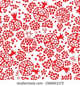 Pomegranate fruits and ripe seeds abstract design. Vector seamless pattern