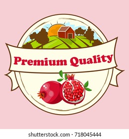 pomegranate or garnet Label. Farm design. Best juice or sauce design. Country land with farm