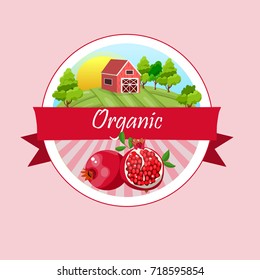 pomegranate or garnet Label. Farm design. Best juice or sauce design. Countryland with farm