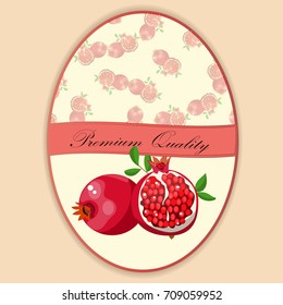 pomegranate or garnet Label. ideal label for fruit juice. Fully adjustable & scalable. packages design. Vector round label, pomegranate jam, sauce or juice label on a seamless pattern background