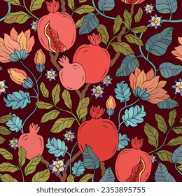 Patrón de flores y hojas de Garnet granadas.