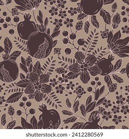 Pomegranate Garnet leaf and flowers pattern. Vector garnet seamless pattern vector illustration.