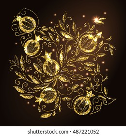 Pomegranate golden decorative pattern. Floral pattern fruit and leaves. Vector illustration.