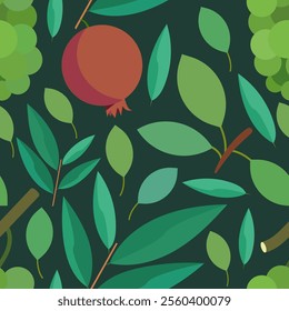 Pomegranate and grape fruits repeat seamless pattern with green leaves. Plant and food vector illustration