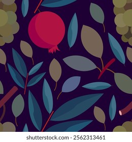 Pomegranate and grape fruits repeat seamless pattern with green leaves. Plant and food vector illustration