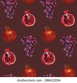 Pomegranate grapes fruit watercolor pattern