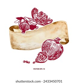 Pomegranate graphics, banner for inserting text. Whole fruit, slices. Vector illustration. Cards, food labels, banners, flyers, banners, posters.