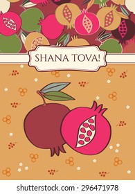 Pomegranate Greeting card design template. Jewish New Year greeting card. Greeting text Shana tova! Pomegranate vector icon & background. Original seamless Pomegranate pattern is complete, masked