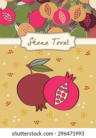 Pomegranate Greeting card design template. Jewish New Year greeting card. Greeting text Shana tova! Pomegranate vector icon & background. Original seamless Pomegranate pattern is complete, masked