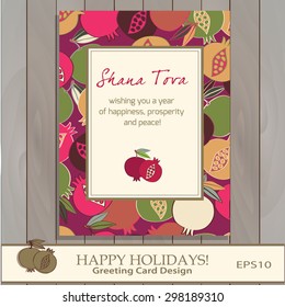 Pomegranate Greeting card design  vector template. Jewish New Year greeting card. Greeting text "Shana tova". Pomegranate icon. Original seamless Pomegranate pattern is complete, masked. Sample text