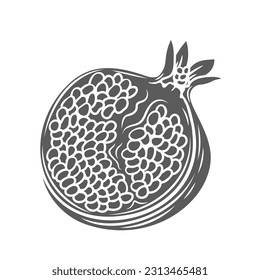 Ilustración vectorial de icono de medio glifo pomegranada. Sello de frutos de granate abierto con cáscara y hojas, granadina natural llena de semillas maduras dulces, cuña granada para saborear y hacer jugo o limo