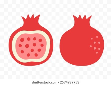 Pomegranate half and whole fruit. Set of hand drawn abstract colorful fruits. Natural tropical collection. Vector illustration in modern cute flat cartoon style.