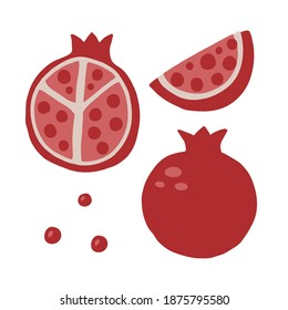 Pomegranate half whole and seeds. Exotic tropical red fresh fruit, juicy garnet, vector cartoon minimalistic style isolated illustration, print or poster, sticker