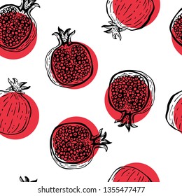 Pomegranate hand drawn seamless pattern. Vector illustration.