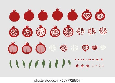 Pomegranate hand drawn vector illustration. Ripe fruit, leaves, seeds clipart on white background. Template for postcard, invitation, print, sticker.