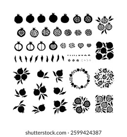 Pomegranate hand drawn vector illustration. Black ripe fruit, leaves, seeds clipart on white background. Template for postcard, invitation, print, sticker.