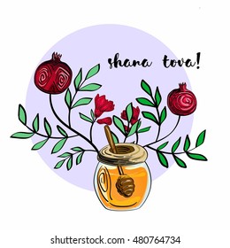 pomegranate and honey greeting card vector template. jewish new year greeting card. text "Shana tova".  