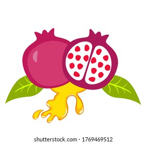 Pomegranate and honey isolated on white background. Hebrew Rosh hashanah theme. Happy and sweet new year. Fruit of punica granatum (pomegranate), honey and leaves motif