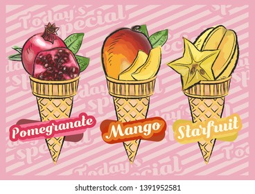 Pomegranate ice cream. Mango ice cream. Starfruit ice cream. Vector illustration of fruit ice cream cone, Hand-drawn design