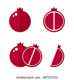 Pomegranate icon isolated on white background. Whole and cut pomegranate set. Tropic fruit. Flat vector illustration design. 