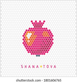 Granatapfelförmige Honigwabengewölbe. Rosh Hashanah jüdischen Neujahrsferien. Flaches Design für Grußkarte, Einladung, Poster, Web, Aufkleber und T-Shirt. Grußtext Shana tova