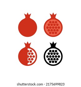 Pomegranate icons set. Whole fruit, half and without slice. Vector pictograms isolated on white background.