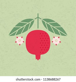 Pomegranate illustration. Pomegranate with leaves and flowers on shabby background. Flat design. Original simple flat illustration.