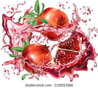  Pomegranate into of burst splashes of juices on white. Vector illustration