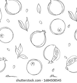 Pomegranate is isolated on a white background. Monochrome vector illustration hand drawn painting. Seamless pattern sketch