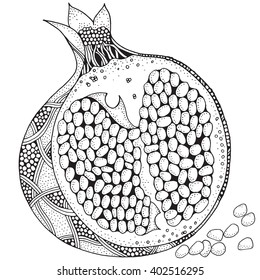 Pomegranate Isolated on a white background. Pomegranate zen art. Hand-drawn, doodle, vector, zentangle.  Black and white. Made by trace from sketch. Coloring book page for adult. Garnet fruit.